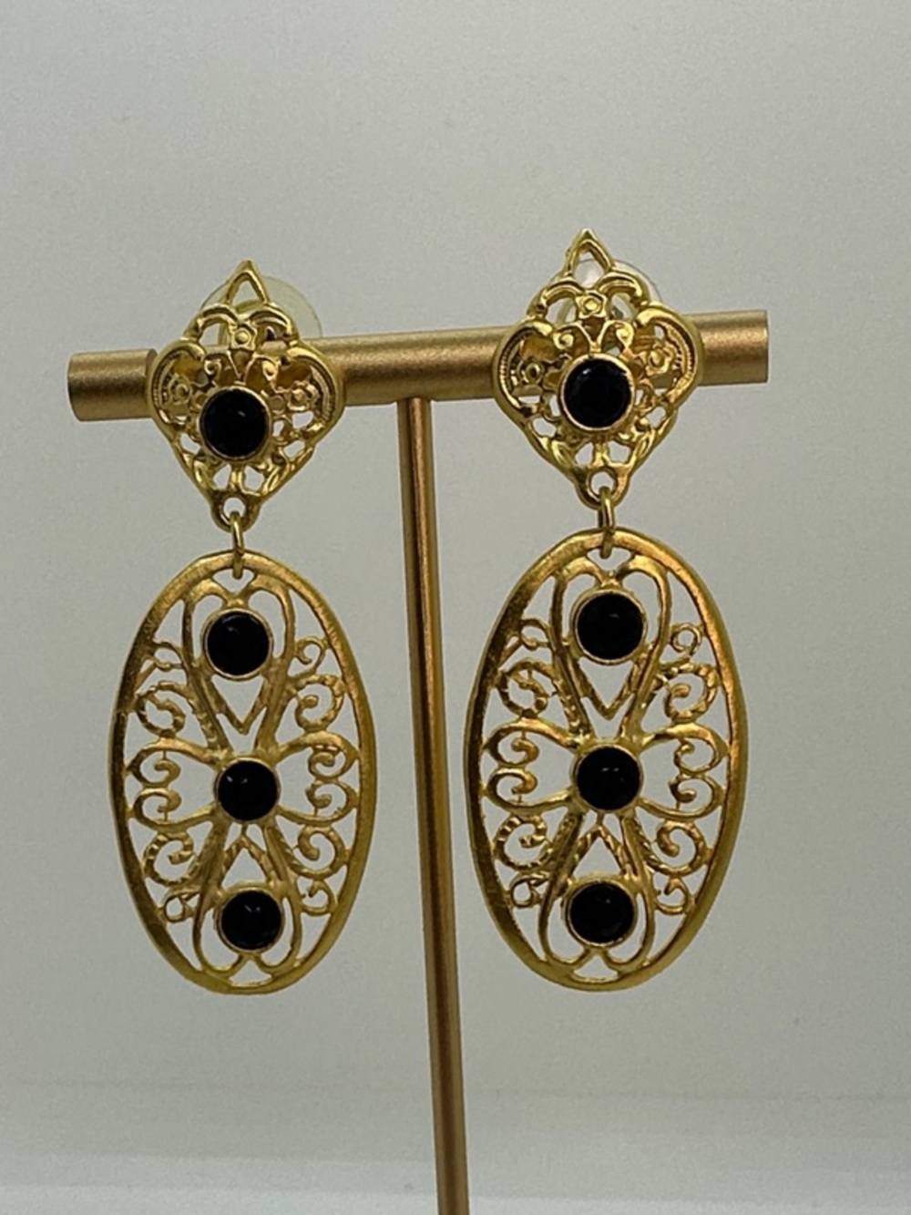 Gold Tone Filigree Drop Earrings with Black Accents Pierced